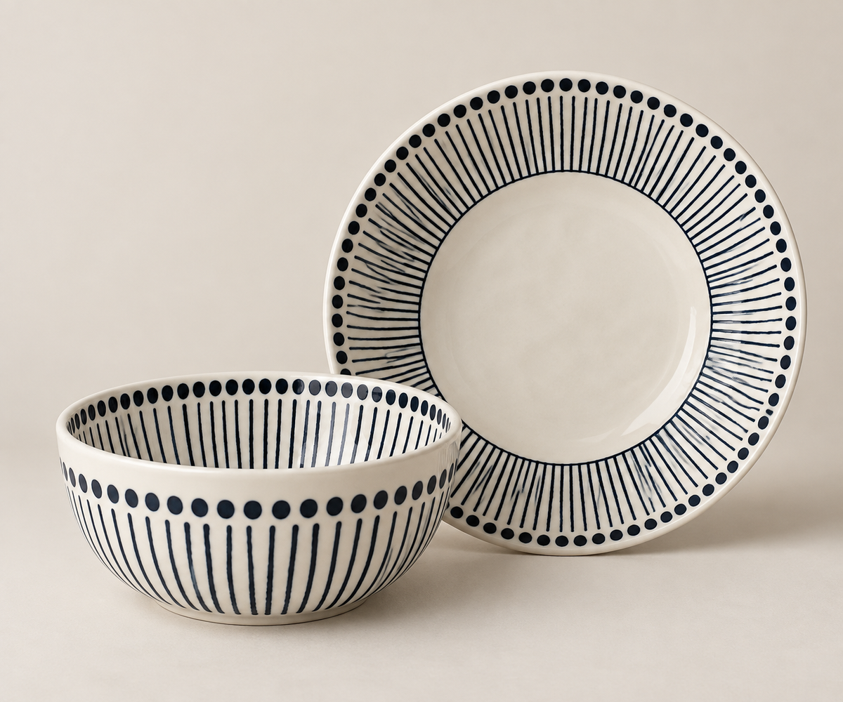 Set bowls y platos hondos con lineas azules